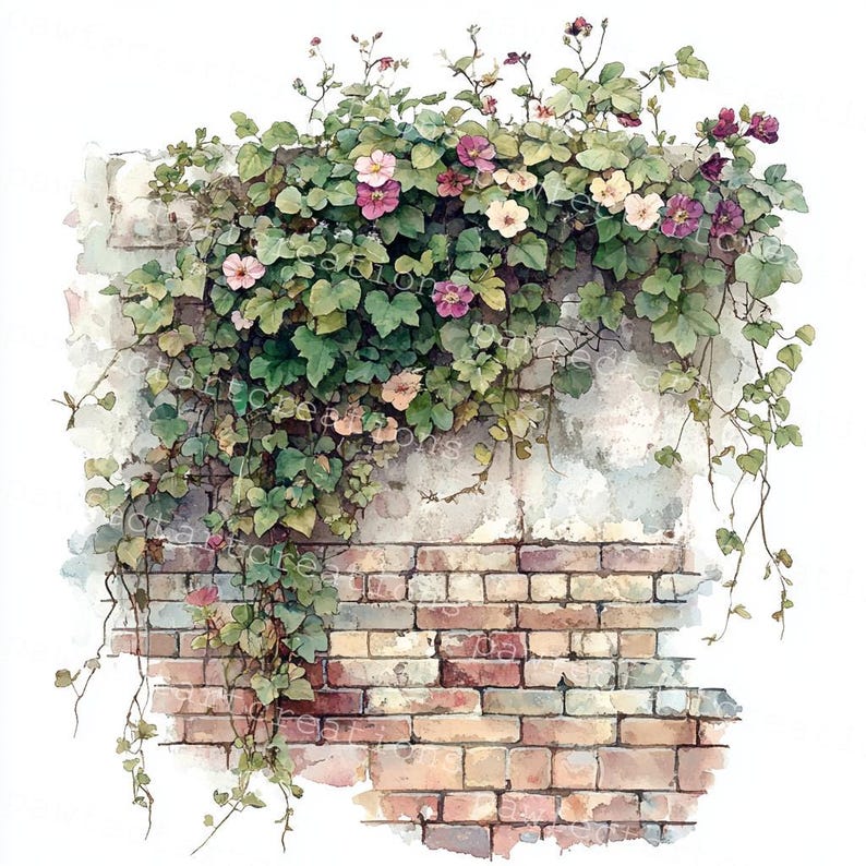 Pode incluir: Uma pintura em aquarela de uma parede de tijolos coberta de videiras verdes com flores rosa e brancas. A parede est&aacute; desgastada e tem um aspecto r&uacute;stico.