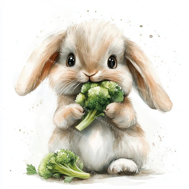 10 Fluffy Rabbits Clipart,Cute Bunny Eating Vegetables Clipart,Bunny Nursery,Printable Watercolor,High-Quality JPGs,Papercraft,Junk Journal,