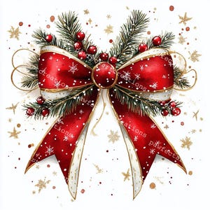 May include: A watercolor illustration of a festive red bow with white accents and gold trim. The bow is adorned with white snowflakes and sprigs of evergreen and red berries. Gold stars and specks are scattered around the bow, creating a holiday theme.