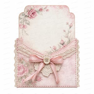 Peut inclure: Une pochette en papier rectangulaire avec un bord supérieur festonné, ornée d'un imprimé floral rose pâle avec des roses. La pochette est décorée d'une bordure en dentelle beige, d'un napperon en crochet crème, d'un ruban en satin rose et d'un bouton.