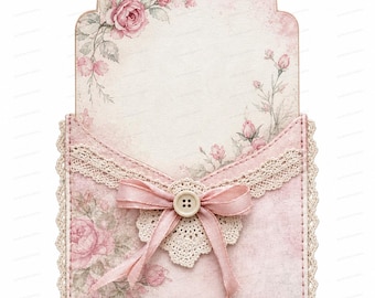 Puede incluir: Un bolsillo de papel rectangular con borde superior festoneado, con un estampado floral rosa claro con rosas. El bolsillo está decorado con encaje beige en los bordes, un tapete de ganchillo color crema, un lazo de satén rosa y un pequeño botón.