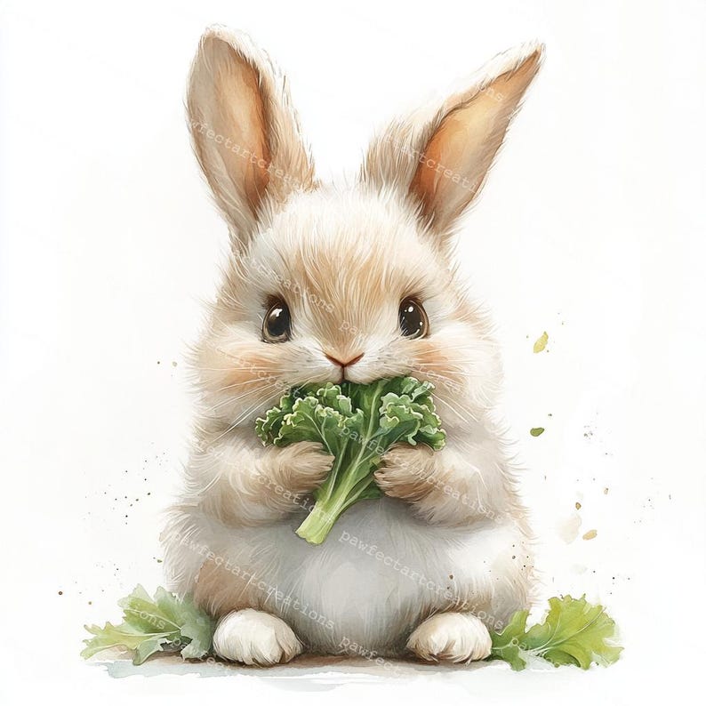 10 Fluffy Rabbits Clipart,Cute Bunny Eating Vegetables Clipart,Bunny Nursery,Printable Watercolor,High-Quality JPGs,Papercraft,Junk Journal,