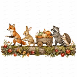 Könnte beinhalten: Eine Aquarellillustration mit einem Fuchs und einem Hasen, die einen mit Kürbissen beladenen Holzwagen ziehen. Ein Waschbär und ein Igel schieben von hinten. Die Gruppe steht auf einem moosigen Baumstamm mit roten Äpfeln und Herbstlaub.
