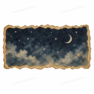Könnte beinhalten: Ein rechteckiger Kunstdruck mit einem ausgefransten, beigefarbenen Papierrand, der eine Aquarellillustration eines dunkelblauen Nachthimmels mit verstreuten weißen Sternen und einer Mondsichel über weichen, strukturierten grauen und blauen Wolken zeigt.