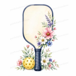 May include: Watercolor illustration of a pickleball paddle with a floral design. The paddle is surrounded by pink, white, purple, and blue flowers and green leaves. A yellow pickleball is at the bottom.
