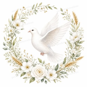 May include: Watercolor illustration of a white dove in flight, surrounded by a circular wreath of white flowers, wheat, and green leaves. The design is delicate and elegant, perfect for invitations or wall art.