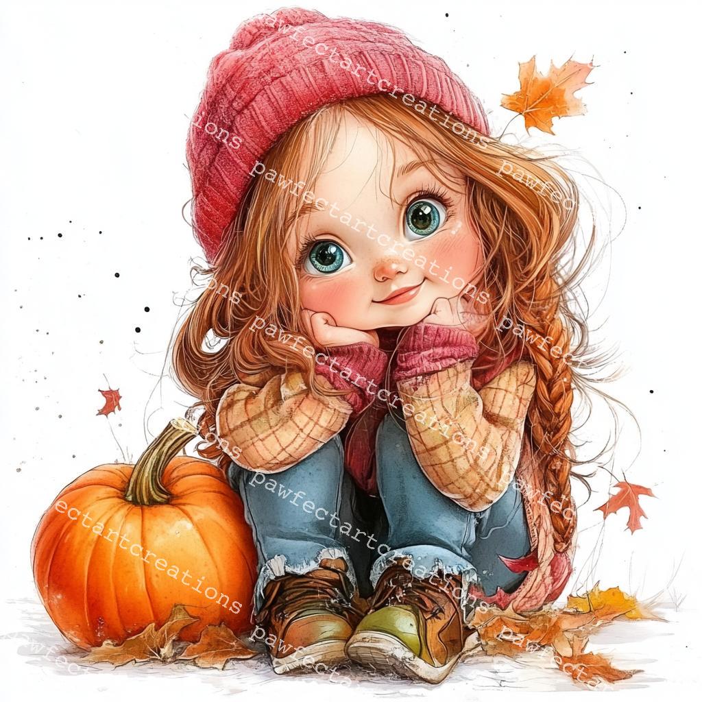 18 Cute Autumn Girl Clipart, Fall Season Art, Baby Girl, Printable