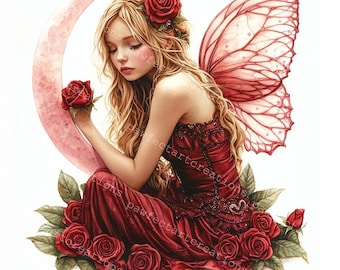 12 Valentine's Rose Fairy Clipart: Watercolor Red Fairy JPGs (Digital Download)