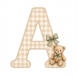 26 lettere dell'alfabeto a quadretti con orsetti di peluche, in formato JPG ad acquerello, download digitale, utilizzo commerciale.