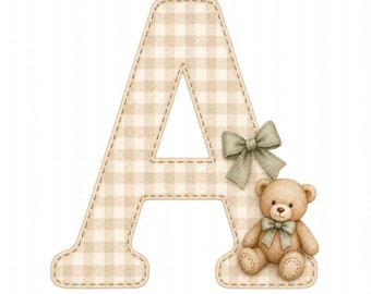 26 Teddy Bear Gingham Alphabet Clipart, Watercolor JPG Letters, Digital Download, Commercial Use