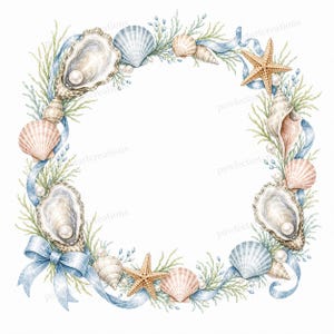 May include: Watercolor illustration of a circular wreath featuring various seashells, starfish, and pearls. The design incorporates light blue ribbons and sprigs of green foliage, creating a coastal or nautical theme. The wreath is set against a white background.