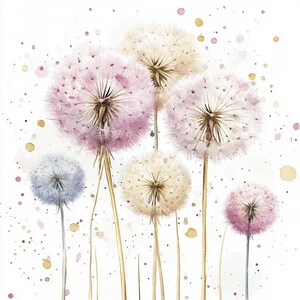 May include: Watercolor painting of six delicate dandelion flowers with fluffy white and pink seed heads. The flowers are arranged in a cluster and are set against a white background with scattered gold and pink watercolor dots.