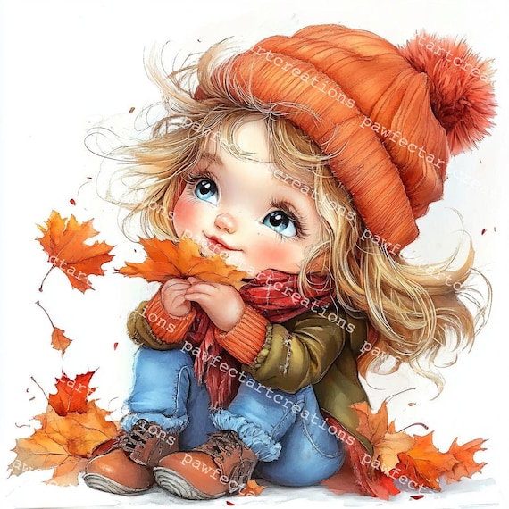 18 Cute Autumn Girl Clipart, Fall Season Art, Baby Girl, Printable