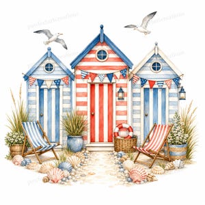 Puede incluir: Una ilustración en acuarela de tres casetas de playa con patrones de rayas en rojo, blanco y azul. Las casetas están decoradas con banderines triangulares, farolillos y plantas en macetas. Dos gaviotas vuelan arriba, con tumbonas y conchas abajo.