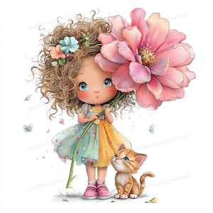 May include: A digital illustration of a young girl with curly brown hair, holding a large pink flower. She wears a colorful dress and pink shoes, with an orange tabby cat looking up at her. Butterflies and flowers are scattered around.