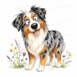 May include: Watercolor illustration of a smiling Australian Shepherd dog with a white, brown, and gray coat. The dog is standing in a field of wildflowers, including daisies, lavender, and clover. The dog has big, expressive eyes and a happy expression.