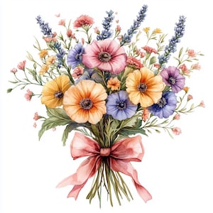 16 Buquê de flores silvestres de primavera com clipart de laço, clipart de flores de primavera, aquarela para impressão, JPGs de alta qualidade, papelaria, diário de lixo