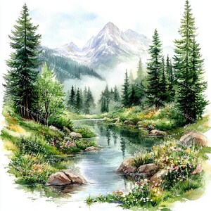 22 Forest Landscape Clipart, Greenery Landscape, Nature Clipart, Printable Watercolor, High-Quality JPGs, Junk Journal, Digital Craft