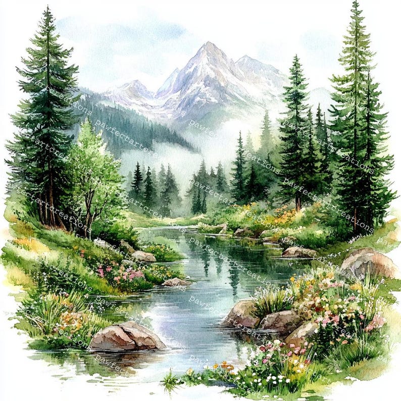 22 Forest Landscape Clipart, Greenery Landscape, Nature Clipart, Printable Watercolor, High-Quality JPGs, Junk Journal, Digital Craft