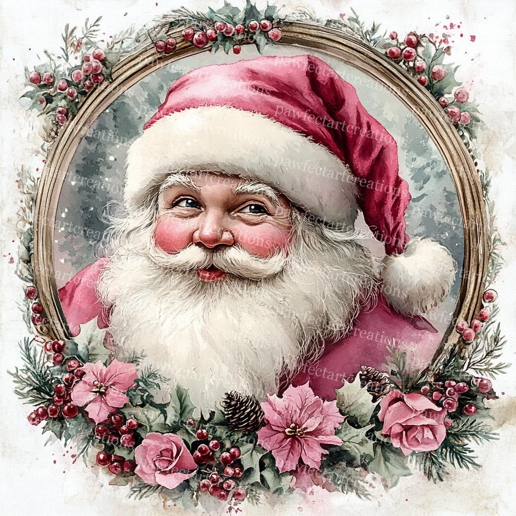 ピンクのヴィンテージサンタのクリップアート：クリスマス水彩画 JPG