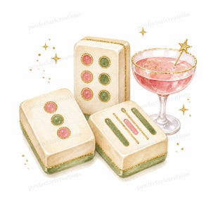 May include: Watercolor illustration of three Mahjong tiles with pink and green details, and a cocktail in a stemmed glass. The tiles have gold trim, and the cocktail has a gold star stirrer. Gold glitter stars are scattered around the objects.