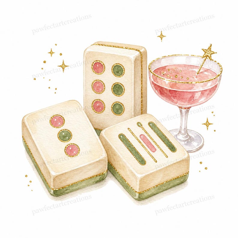 May include: Watercolor illustration of three Mahjong tiles with pink and green details, and a cocktail in a stemmed glass. The tiles have gold trim, and the cocktail has a gold star stirrer. Gold glitter stars are scattered around the objects.
