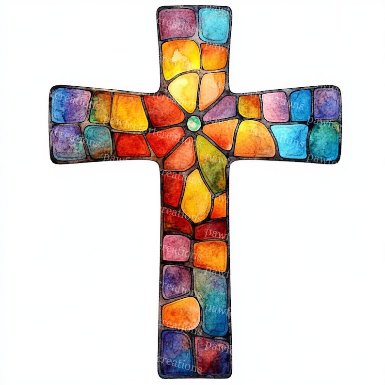 May include: A colorful, watercolor-style cross with a stained-glass effect. The cross is composed of irregular, multi-colored shapes in shades of blue, orange, yellow, red, and purple. A small, green gem is at the center. The cross is set against a white background.