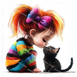 16 Clipart fille originale avec un chat, jolie fille fantasque, amoureuse des chats, aquarelle imprimable, fichiers JPG de haute qualité, créations en papier, journal indésirable