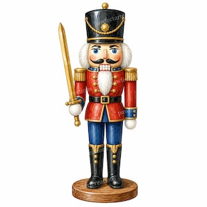 Puede incluir: Una figura de cascanueces con sombrero negro con adornos dorados, chaqueta roja con botones y charreteras doradas, y pantalones azules. La figura tiene barba blanca, bigote negro y sostiene una espada dorada en su mano derecha sobre una base.