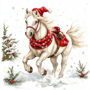 Christmas Horse Watercolor Clipart: Holiday Farm Animal JPGs (Digital Download)