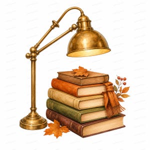 May include: A brass desk lamp with a curved arm and a dome shade illuminates a stack of five hardcover books in shades of brown, orange, and green. A knitted orange scarf, a small branch with red berries, and two fallen maple leaves are included.