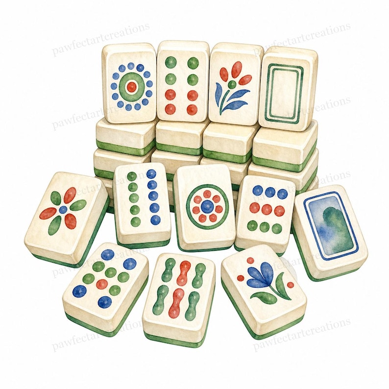 May include: A collection of off-white Mahjong tiles with green edges, featuring various designs in red, blue, and green. The tiles are stacked and arranged, showcasing floral and geometric patterns.