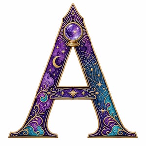 May include: A capital letter A decorated with celestial motifs including a purple crystal ball at the apex, a golden crescent moon, swirling purple and blue clouds, and intricate gold filigree patterns against a deep starry night sky background.