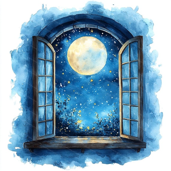 月明かりに照らされた窓の水彩画クリップアート：夜空の風景（デジタル