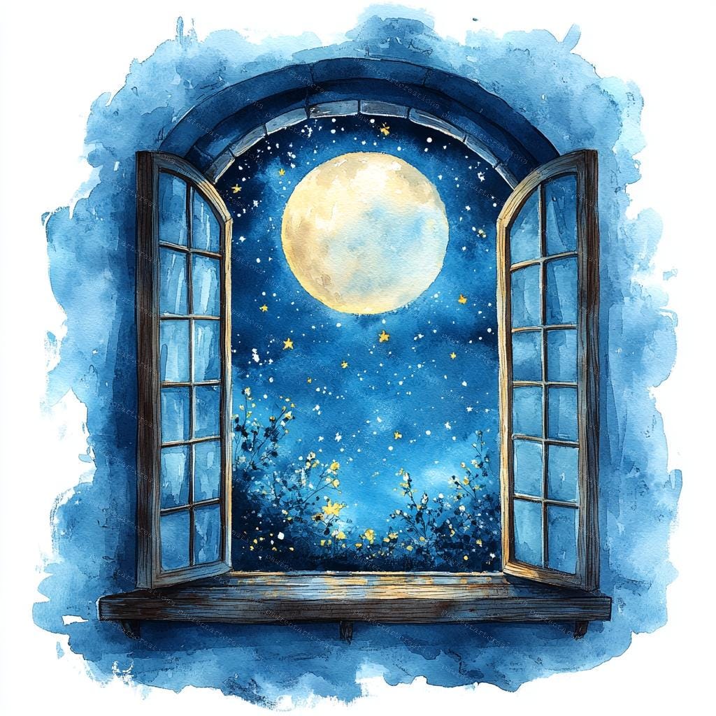 Moonlit Window Watercolor Clipart: Night Sky Landscape (Digital Download)