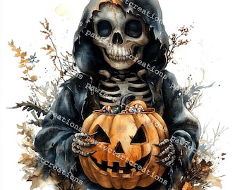 Halloween Skeleton Clipart: Skull Dance Watercolor Art (Digital Download)