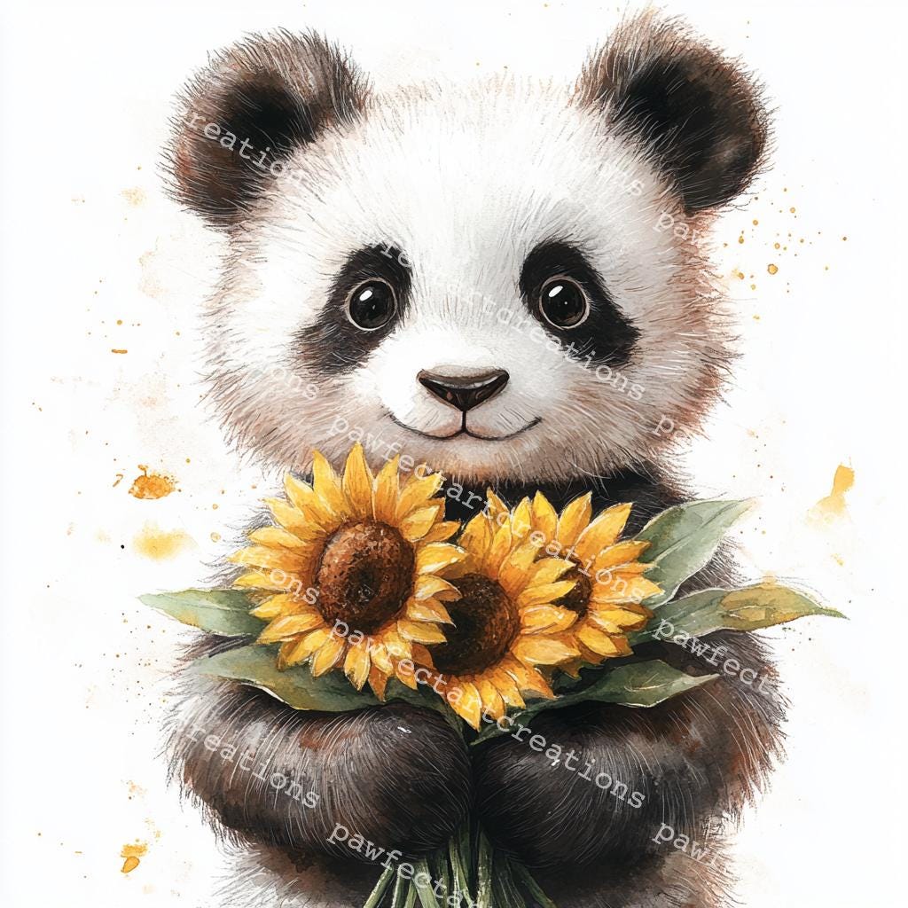 Panda With Sunflower Bouquet Clipart: Watercolor Style (JPG & PNG