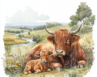 Highland Cow & Calf Watercolor Clipart: Farm Animal JPGs (Digital Download)