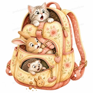 20 schattige dierenfiguurtjes voor op een rugzak, clipart voor schoolkunst voor kinderen, aquarel JPG's, digitale download, commercieel gebruik toegestaan.