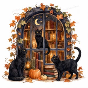 May include: Three black cats are positioned around an arched window filled with bookshelves, a crescent moon, and stars. The scene is framed by autumn leaves, with a lantern, stacked books, and two orange pumpkins resting at the base.