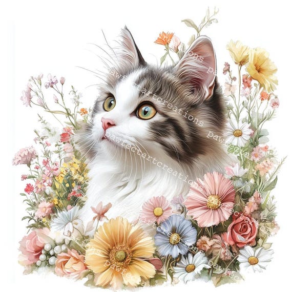 30種類の花柄猫クリップアート、猫クリップアート、猫アート、カード