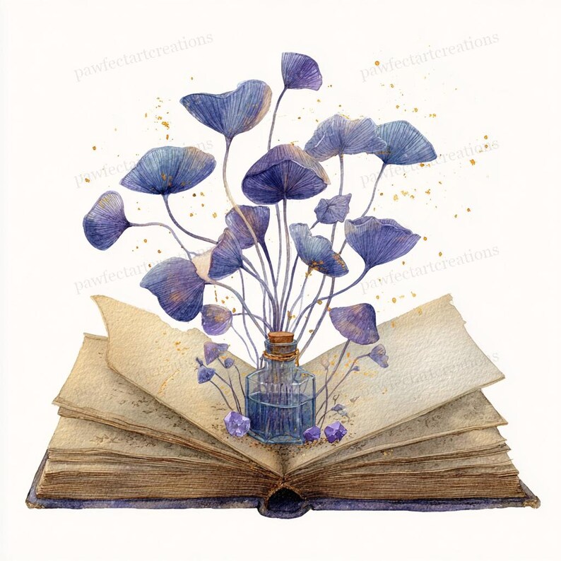 May include: Watercolor illustration of an open book with aged pages. A small glass bottle holds a bouquet of blue-purple flowers. Gold flecks and purple crystals accent the scene. The artwork is set against a white background.
