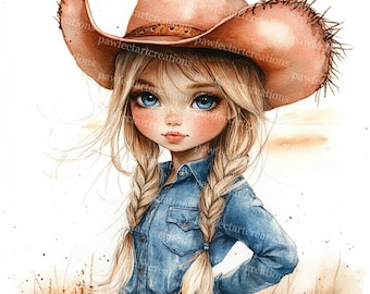 16 Cute Cowgirl Clipart, Watercolor Cowgirl, Wild West Clipart, Printable Watercolor, High-Quality JPGs, Digital Craft
