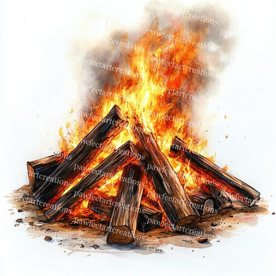 焚き火のクリップアート：水彩画のキャンプファイヤー、薪