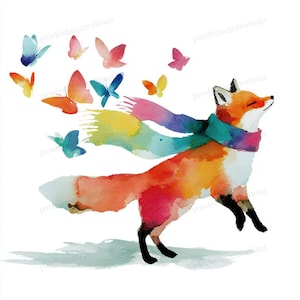 May include: Watercolor illustration of a fox with a rainbow scarf and butterflies. The fox is orange, white, and black, with a scarf of multiple colors. Butterflies in shades of orange, pink, blue, and yellow are floating around the fox.