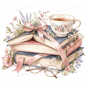 Può includere: Illustrazione ad acquerello di una pila di libri blu e rosa, ornata da un nastro rosa e fiori. Una tazza da tè bianca con motivi floreali e occhiali rotondi completano la composizione.