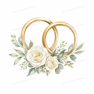 Puede incluir: Ilustración en acuarela de dos anillos de boda dorados entrelazados, adornados con rosas blancas y follaje verde. El diseño está sobre un fondo blanco, creando una estética romántica y elegante. El arreglo floral incluye hojas y capullos delicados.