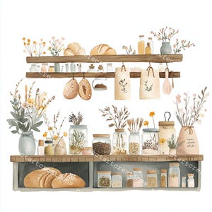 Cottagecore Kitchen Clipart: Rustic Watercolor Art, Junk Journal (Digital Download, JPGs 4096x4096px)