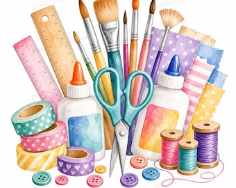 20 imágenes prediseñadas de acuarela de herramientas para manualidades DIY, suministros para manualidades Maker Studio en formato JPG de acuarela, descarga digital, uso comercial.