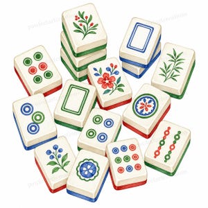 May include: A collection of watercolor Mahjong tiles. Each tile features a unique design, including flowers, berries, and geometric shapes. The tiles have a cream-colored face with red, green, and blue borders. The image showcases the variety of designs and colors.